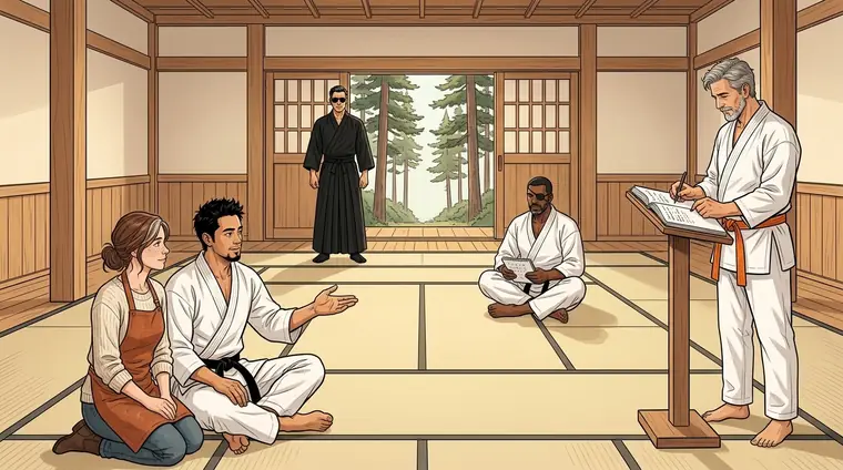 Plan large de la salle au travail. Konrad, debout près de la porte du fond, en hakama noir et lunettes noires, immobile. Nicolas, assis en tailleur, un carnet de chiffres sur les genoux. Phil, debout à un pupitre de bois sur le côté, écrit dans un grand cahier ouvert. Au premier plan, ScHinZe, assis à côté de Lou en civil, lui montre la salle d'un geste ouvert de la main.