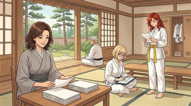 Une autre partie de la salle : Anna, en kimono gris, à son bureau près de l'entrée, range des papiers en trois piles. Edith, assise, dessine sur une tablette posée sur ses genoux. Natasha, debout près de la galerie, relit une lettre. Satoru, un peu en retrait, assis face au jardin, regarde dehors.