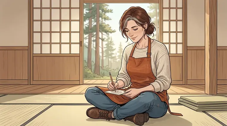 Lou en civil, assise en tailleur au bord du tapis, écrit au crayon sur la carte posée sur son genou, concentrée, un léger sourire. Lumière du matin par les portes ouvertes.