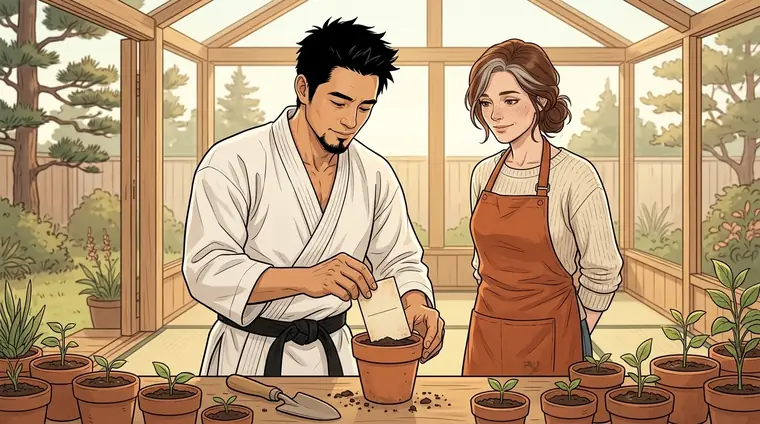 Au fond du dojo, une petite verrière lumineuse ouverte sur un jardin. ScHinZe plante la carte postale debout dans un petit godet de terre, parmi d'autres godets où poussent de jeunes pousses. Lou en civil regarde, de côté.