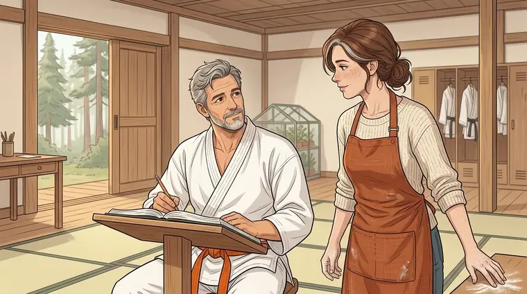 Phil, à son pupitre de bois, lève les yeux vers Lou en civil, un crayon à la main, le grand cahier ouvert devant lui. Lou, la craie encore aux doigts, se tourne vers lui.