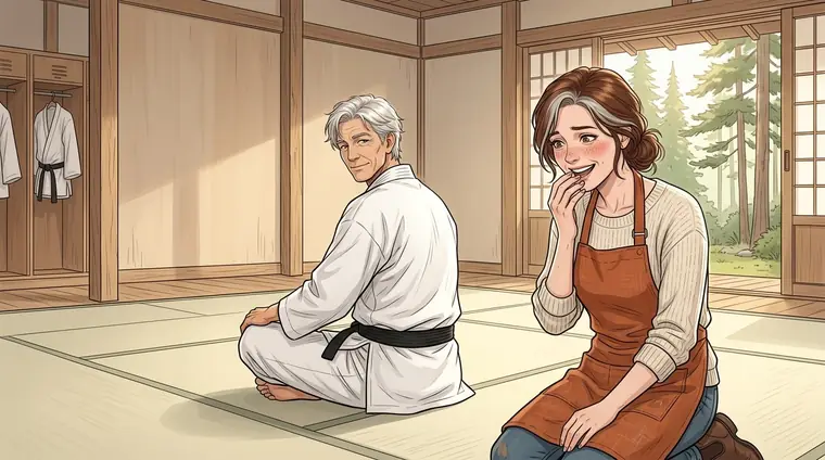Satoru, assis un peu en retrait face au jardin, tourne la tête vers Lou en civil. Lou, surprise, rit nerveusement.