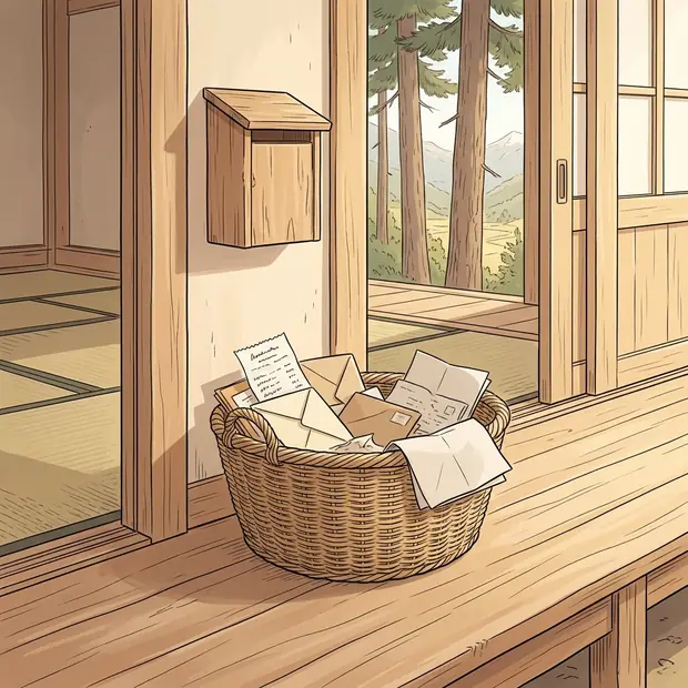 Gros plan sur le seuil du dojo, juste après la porte : une boîte aux lettres en bois et, sur le plancher, un grand panier d'osier où tombent en vrac des enveloppes, un ticket de caisse griffonné, une feuille pliée.