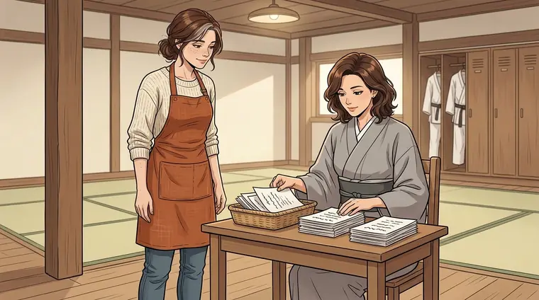 Anna, à son bureau de bois près de l'entrée, répartit les papiers du panier en trois piles nettes. Lou en civil, debout à côté, la regarde faire.
