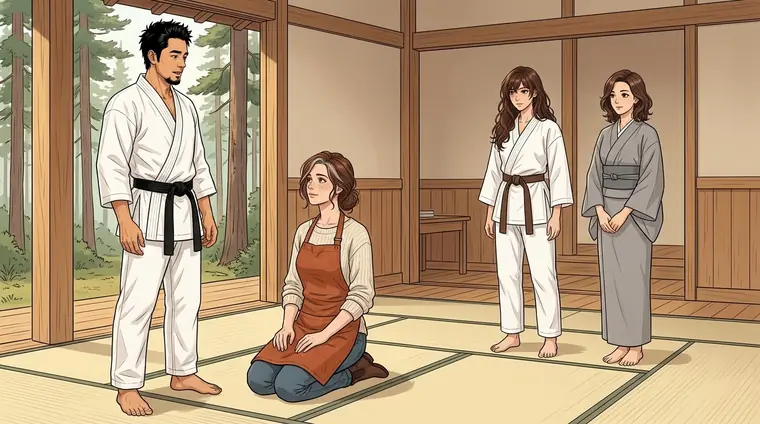 ScHinZe, debout au bord du tapis, parle calmement ; Lou en civil, assise à genoux, écoute. Derrière eux, Lena et Anna, attentives.