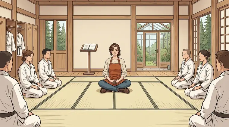 Plan large, silence : l'équipe immobile autour du tapis, Lou en civil assise au centre, qui attend qu'on commence. Personne ne bouge.
