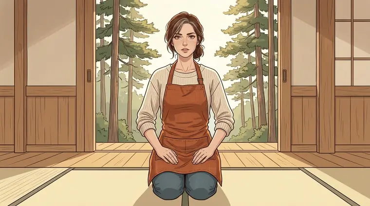 Lou en civil, le dos droit, à genoux au bord du tapis, les mains sur les cuisses, dit un mot d'une voix nette. Son visage, décidé.