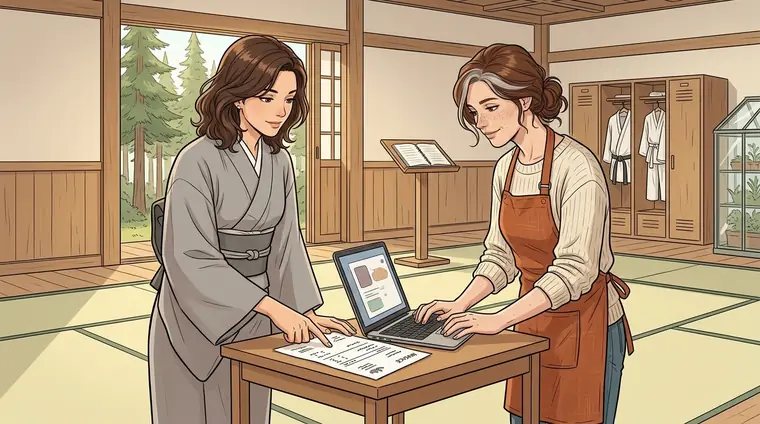 Anna et Lou en civil, côte à côte au bureau de bois, devant un ordinateur portable ouvert dont l'écran ne montre que des formes de couleur ; une facture papier entre elles. Lou tape, Anna montre une ligne du doigt.