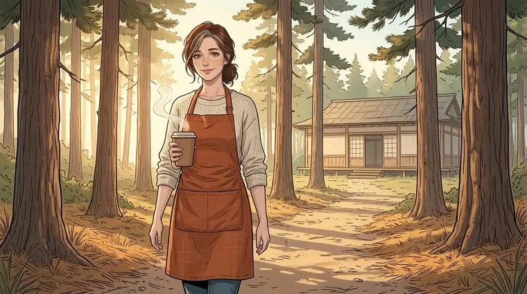 À l'aube, Lou en civil arrive au dojo par le chemin sous les pins, un gobelet de café à la main, la lumière dorée entre les troncs.