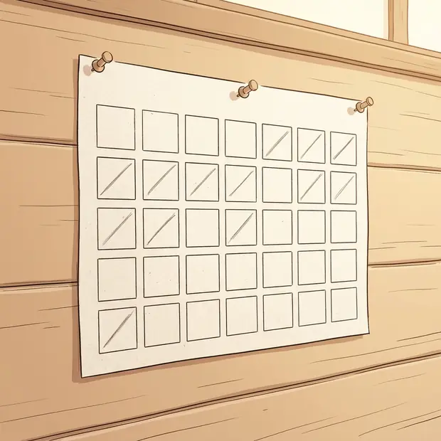 Gros plan : un calendrier de papier punaisé au mur de bois, dont plusieurs jours sont barrés d'un petit trait de crayon, sans aucun chiffre ni lettre lisible.
