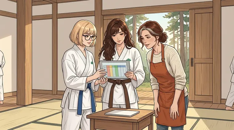 Edith et Lena montrent à Lou en civil une tablette où s'affiche un tableau simple en colonnes de couleur. Lou se penche, intéressée.