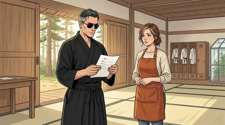 Konrad, en hakama noir et lunettes noires, debout, lit une feuille de conditions de vente. Lou en civil attend sa réponse, un peu inquiète.