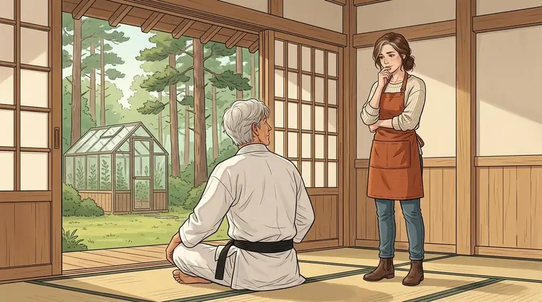 Satoru, assis face au jardin, se tourne vers Lou en civil, qui réfléchit, la main sur la bouche.