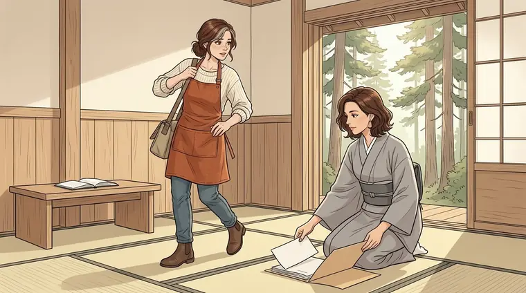 Lou en civil remet son sac à l'épaule à la hâte, déjà tournée vers la porte. Anna glisse une feuille dans le dossier resté ouvert sur le tapis.