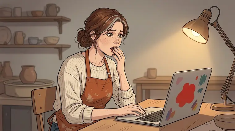 Le soir, dans l'atelier, Lou en civil devant son ordinateur portable dont l'écran montre une forme rouge, une main sur la bouche, consternée.