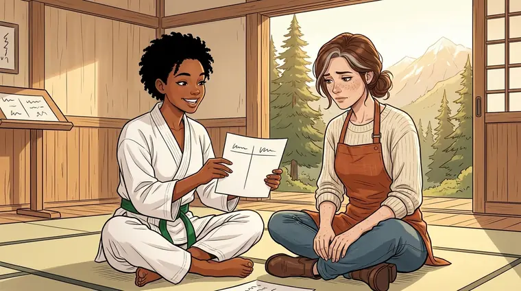 Au dojo, Nia, assise à côté de Lou en civil, dessine deux colonnes sur une feuille de papier et les lui montre, souriante. Lou, découragée, les regarde.