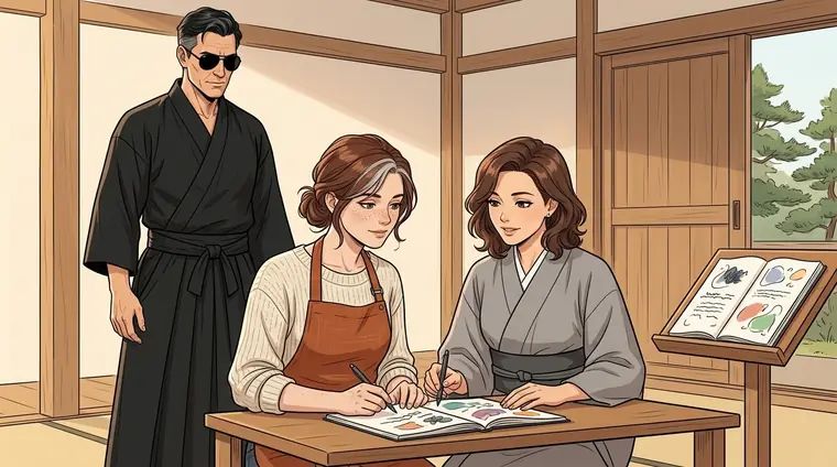 Lou en civil et Anna corrigent côte à côte au bureau. Konrad, en hakama noir, passe derrière elles et s'arrête un instant.