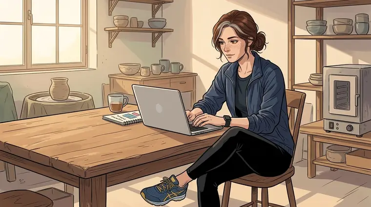 Dimanche matin dans l'atelier, Lou en tenue de course (legging noir, coupe-vent léger, baskets, cheveux attachés) est assise devant son ordinateur portable ouvert, un pied déjà prêt à partir.