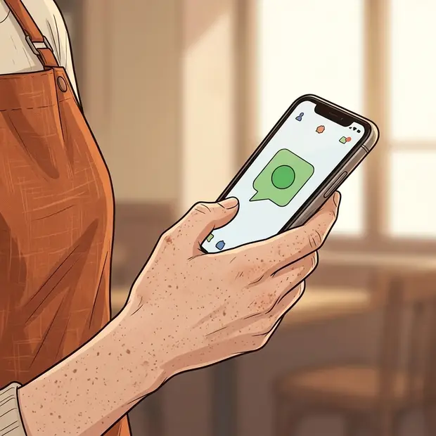 Gros plan sur la main de Lou qui tient son téléphone ; sur l'écran, une bulle de message abstraite et une petite icône verte, sans aucune lettre lisible.