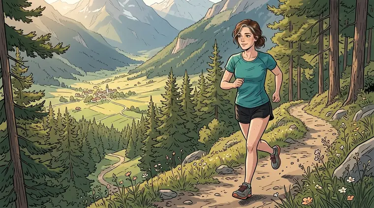 Plan large : Lou en tenue de course court seule sur un chemin de montagne entre les pins, dans la lumière du matin, la vallée en contrebas.