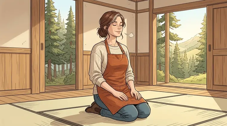 Lou en civil, assise à genoux sur le tapis, souffle, les épaules relâchées, les yeux fermés, un sourire tranquille.