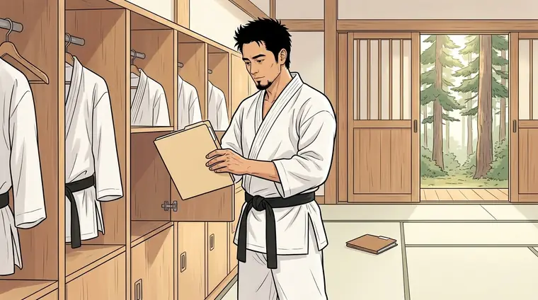 Au fond du dojo, ScHinZe range un dossier dans un casier de bois des vestiaires, parmi des kimonos blancs suspendus. Au milieu du tapis, derrière lui, un seul dossier reste posé.