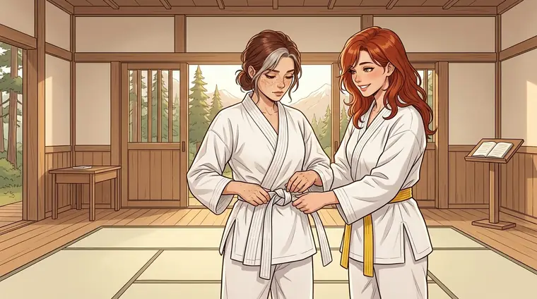 Lou en kimono blanc noue sa ceinture blanche, maladroitement. Natasha, en kimono blanc à ceinture jaune, l'aide à finir le nœud, souriante.