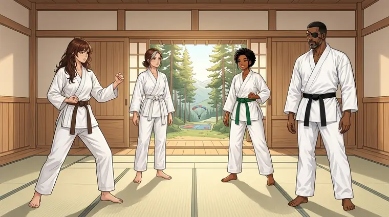 Plan large : Lou en kimono blanc, pieds nus, prend sa place sur le tapis parmi l'équipe au travail : Lena, Nia, Nicolas. La lumière entre par les portes ouvertes.