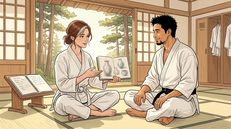 Lou en kimono, assise sur le tapis, montre à ScHinZe une feuille de croquis de vases pour une exposition. ScHinZe, assis en face, l'écoute.