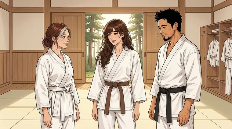 Lena, en kimono à ceinture marron, sourit à Lou en kimono. ScHinZe, à côté, hoche la tête.