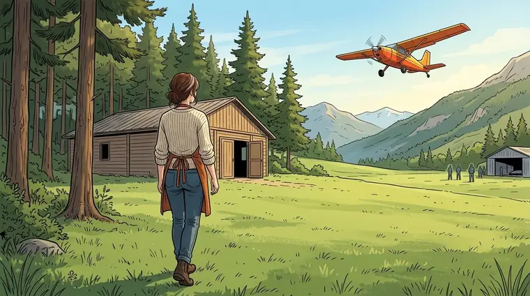 Plan large : de dos, Lou en civil marche du camp sous les pins vers la DZ ; au loin, un petit avion orange et jaune monte au-dessus de la pelouse ; derrière elle, la salle basse en bois du dojo, sa porte ouverte.