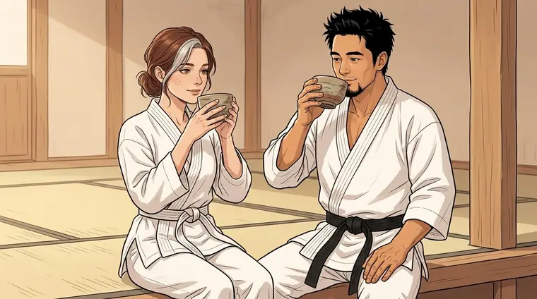 Lou en kimono et ScHinZe, assis au bord du tapis, boivent un thé dans deux bols de céramique faits main. La lumière douce du soir.