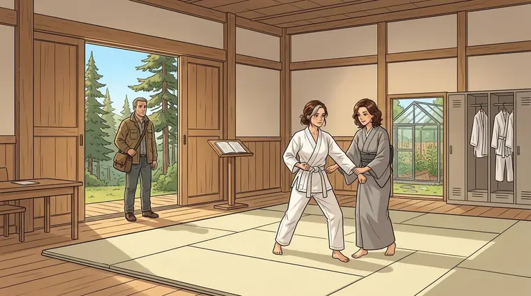 Plan large, un matin, la salle au travail : Lou en kimono et Anna travaillent sur le tapis. Dans l'embrasure de la porte, un homme d'une cinquantaine d'années, anonyme, en veste de travail, un sac à l'épaule et ses chaussures aux pieds, s'est arrêté au bord du tapis, hésitant.