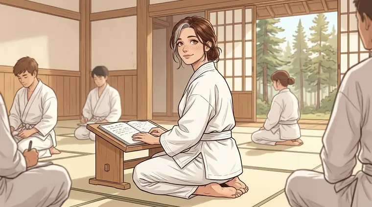 Lou en kimono, assise sur le tapis, lève les yeux vers la porte puis revient à son travail, avec un petit sourire. Personne autour d'elle ne se lève.