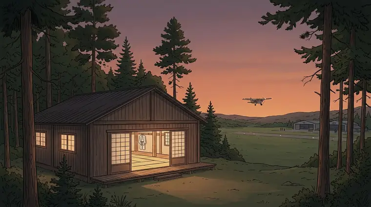 Plan large au crépuscule : la salle basse en bois du dojo au milieu du camp sous les pins, une lumière chaude aux fenêtres ; au loin, au-dessus de la DZ, le dernier avion se pose.